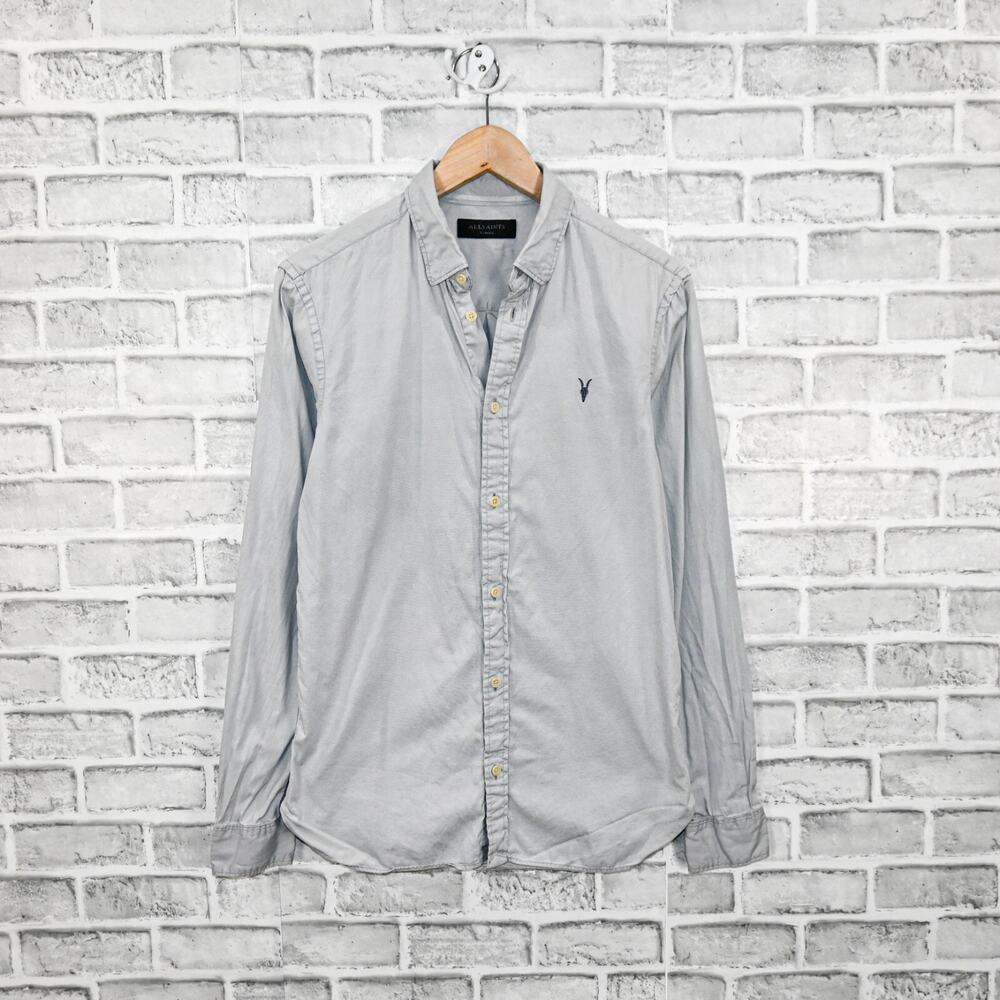 AllSaints Redondo Shirt Mens XS Gray Cotton Long Sleeve Ramskull Logo Button Up